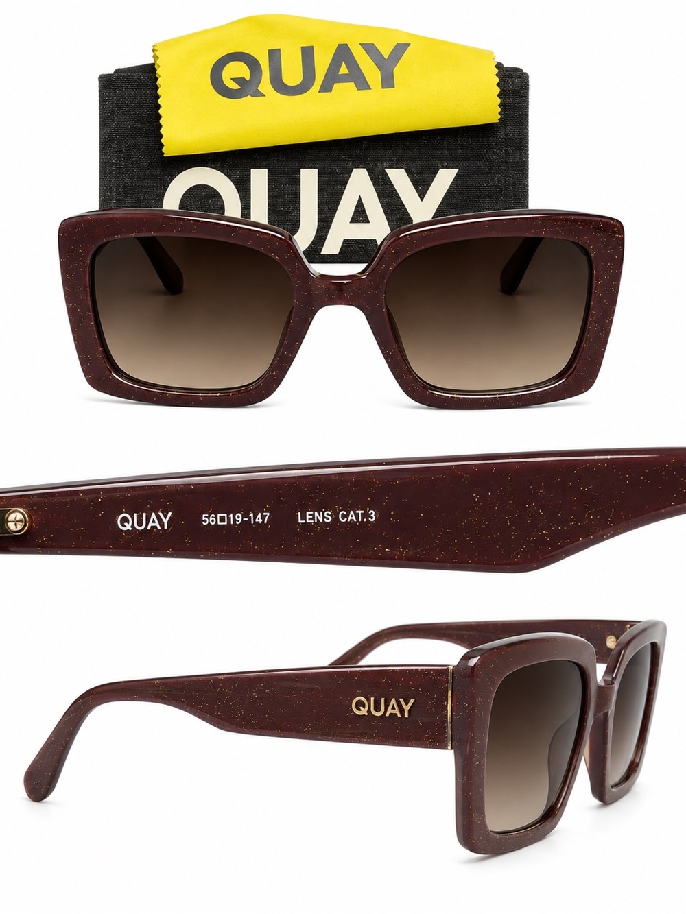Quay Australia Dark Burgundy Glitter Square Sunglasses